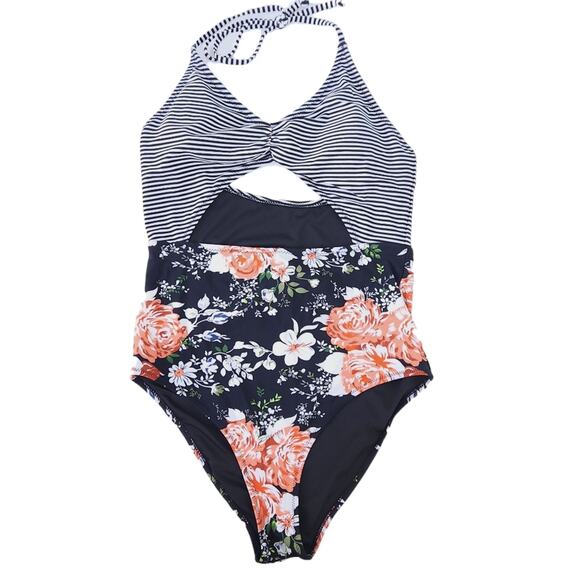 Cupshe One Piece Bathing Suit Medium Cutout Swimsuit Cutout Black Stripe Floral - Picture 1 of 5